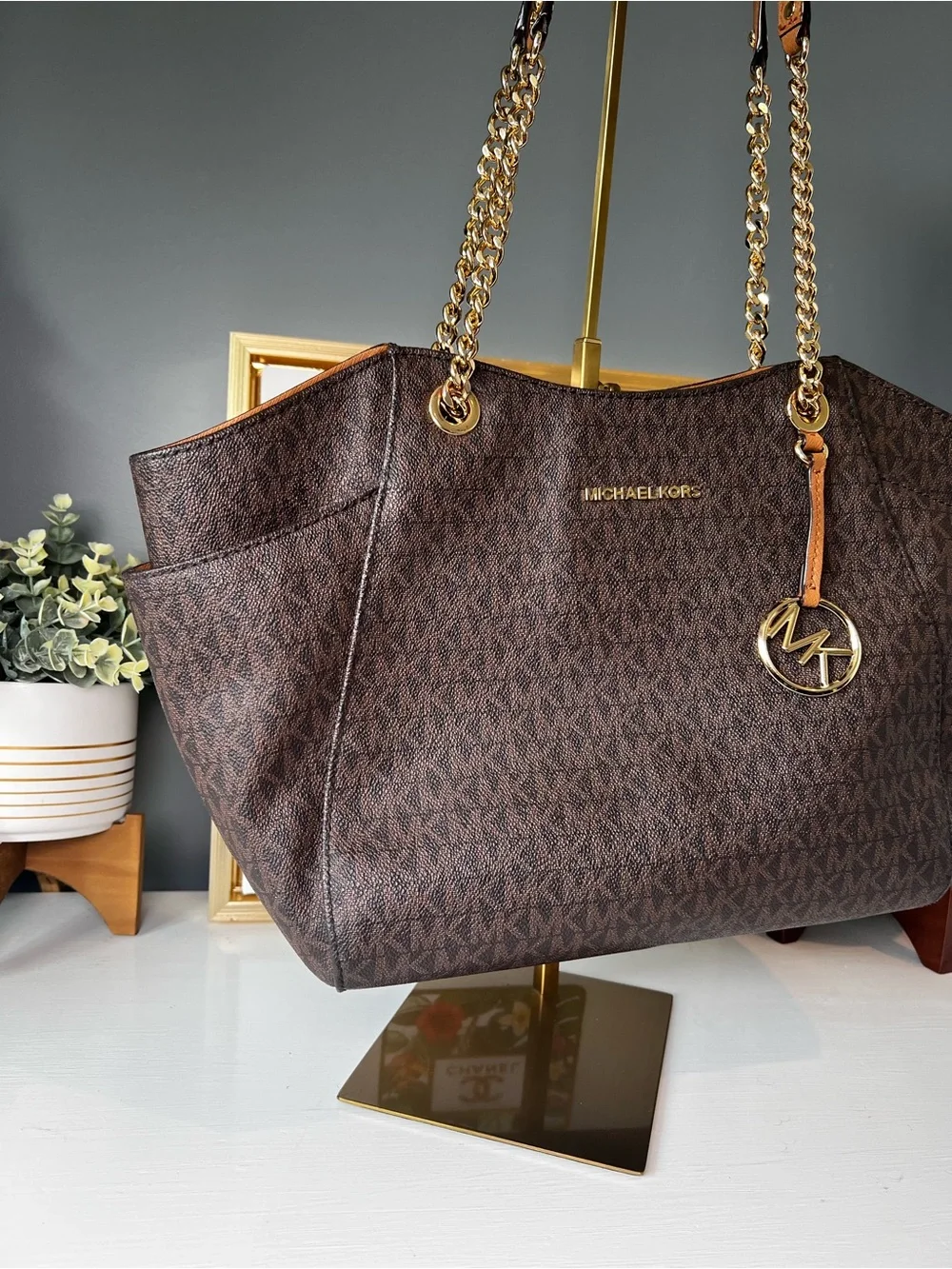 Michael Kors Jet Set Travel Brown Signature Logo Chain Shoulder Tote Bag